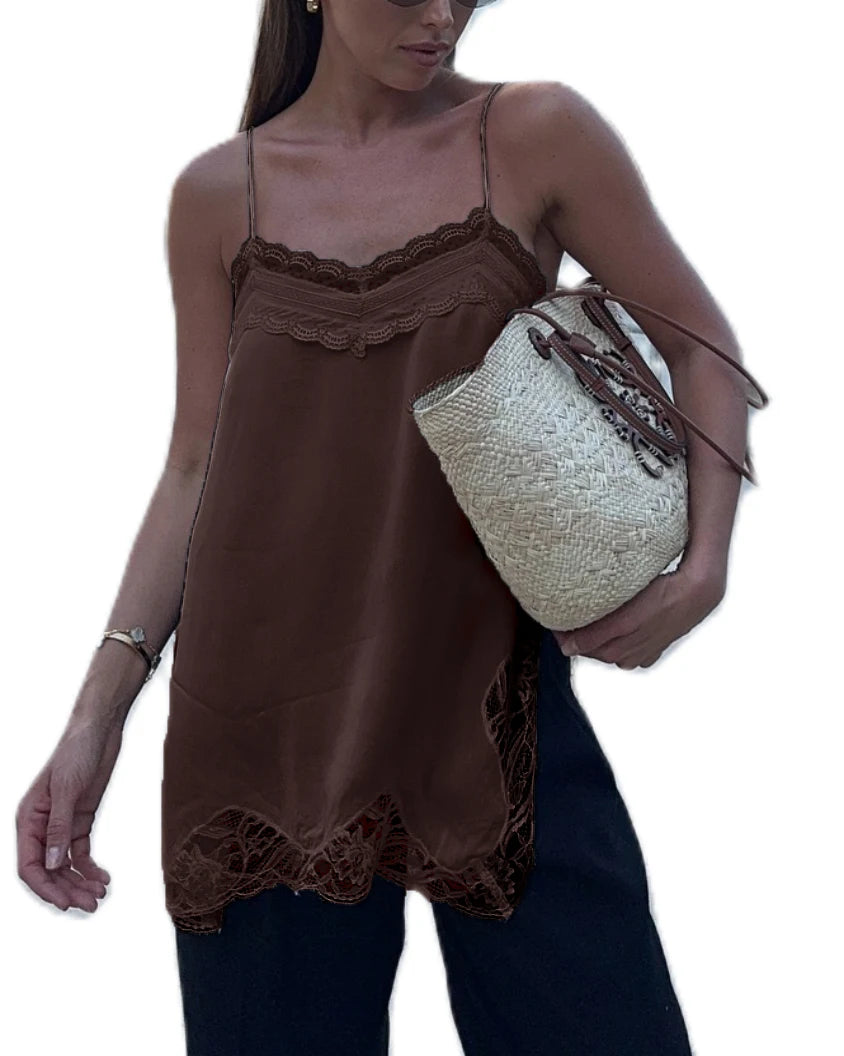 Women Lace Trim Satin High Low Tops Silk Spaghetti Strap Side Split Asymmetrical Cami Top Flowy Silky Layering Tops