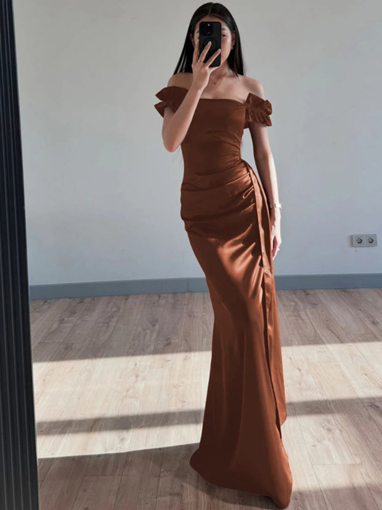 Elegant Satin Off Shoulder Long Maxi Dresses 2025 Woman Graduation Dresses Evening Party Gown Red Black