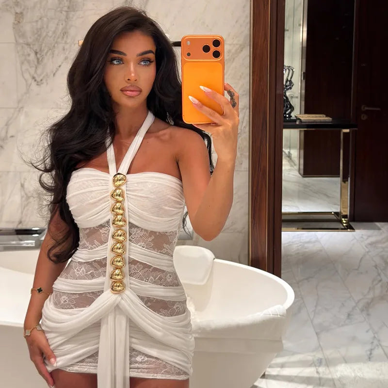 See Through Lace Mesh White Halter Mini Dress Gold Button Sexy Birthday Dresses 2026 Woman Summer Club Wear