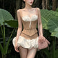 Patchwork 2-Piece Set Women Bandage Low-Neck Fake Fish Bone Belt Decoration Vest+Puffy Hem Skirt Fashion Sweet Suit
