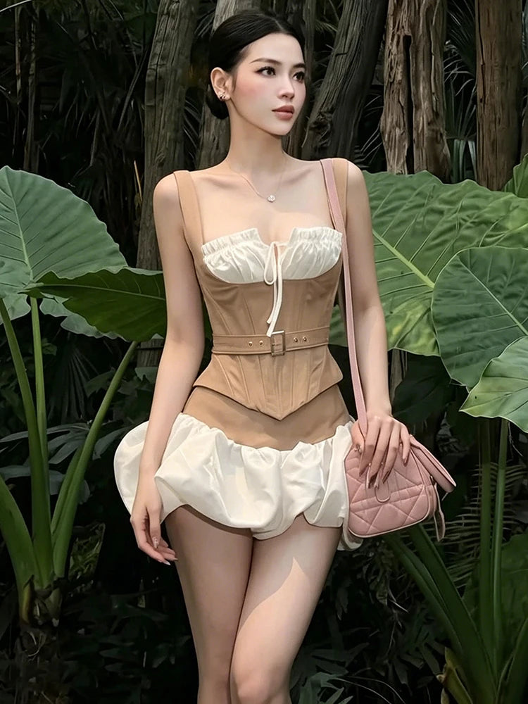 Patchwork 2-Piece Set Women Bandage Low-Neck Fake Fish Bone Belt Decoration Vest+Puffy Hem Skirt Fashion Sweet Suit