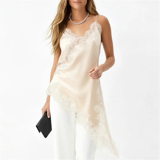 Women's Long Camisoles Tops Summer High Street Spaghetti Strap Stylish Solid Color Lace Patchwork Casual Tank Tops
