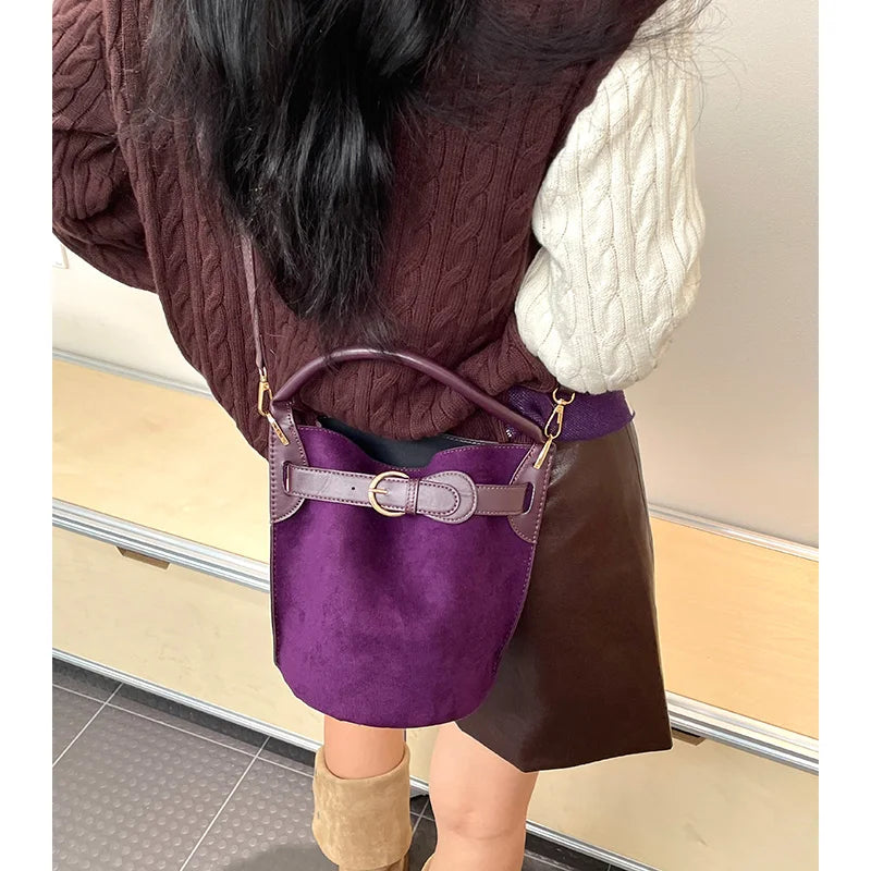 2025 Autumn New Arrivals Casual Edgy Style Suede Matte Finish Buckle Crossbody Bucket Bag For Woman