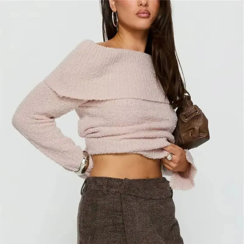 Womens Off The Shoulder Sweater Y2K Oversized Long Sleeve Slouchy Knitted Loose Pullover Sweaters Tops Streetwear
