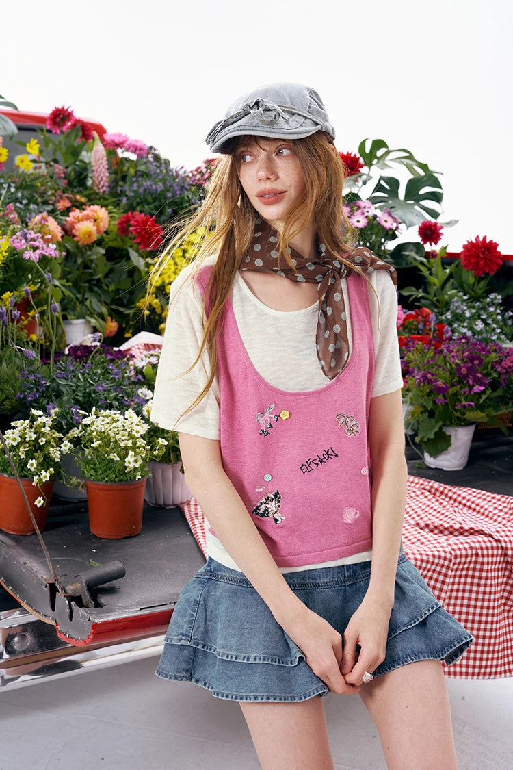 Women's Two Piece Knitwear, Cute Embroidered Tank Top + Short Sleeve T-Shirt, Casual Breathable Outfit for Daily