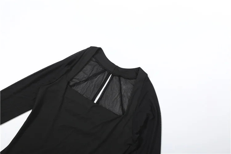 Elegant Side Slit Maxi Dress Women Low-Neck Full Sleeve Patchwork Mesh Banquet Autumn Winter Trend Prom Party Vestidos