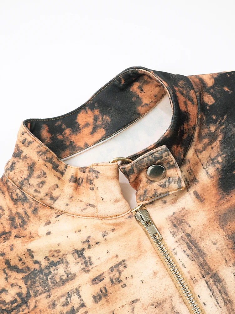 Sporty 2 Piece Set Women Sexy Tie Dye Print Metal Buckle Crop Jacket+Biker Shorts Matching Streetwear Stretch Suit