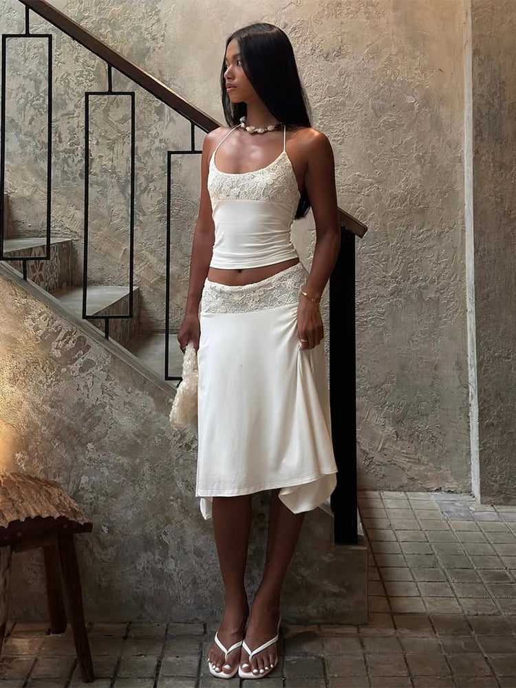 Patchwork Jacquard Simple 2-Piece Set Women Halter Bandage Backless Vest+Irregular Hem Folds Skirt Elegant Party Suit