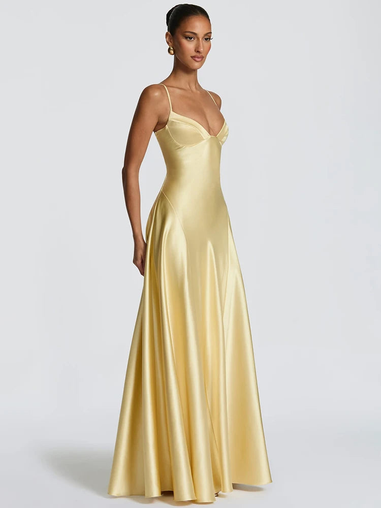 Satin Spaghetti Strap Sexy Maxi Dress Women Elegant Deep V Neck Sleeveless Backless Pleated Evening Club Party Dresses