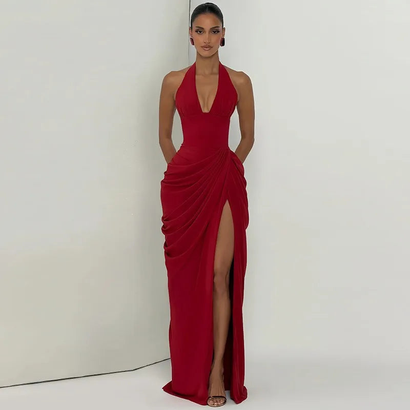 Halter Neck High Slit Ruched Maxi Dress Elegant for Woman Wedding Guest Party Dresses