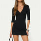 Women V Neck 3/4 Sleeve Bodycon Mini Dress Solid Color Slim Fit Pencil Short Dress Elegant Party Night Club Streetwear