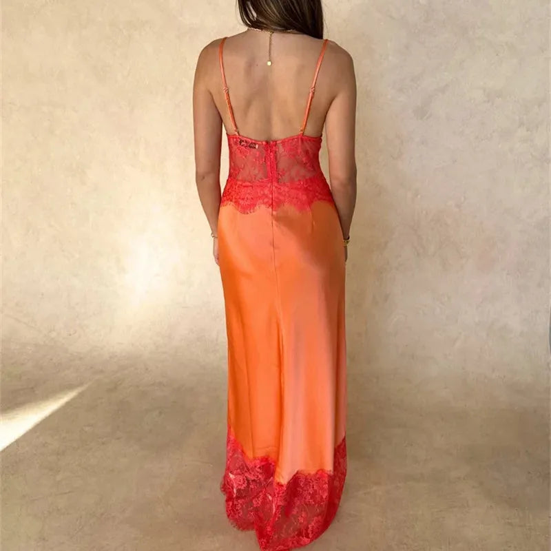 Y2K Sexy Womens Lace Satin Maxi Dress Deep V Backless Slip Dress Coquette Aesthetic Clubwear Party Night Out Formal Gown