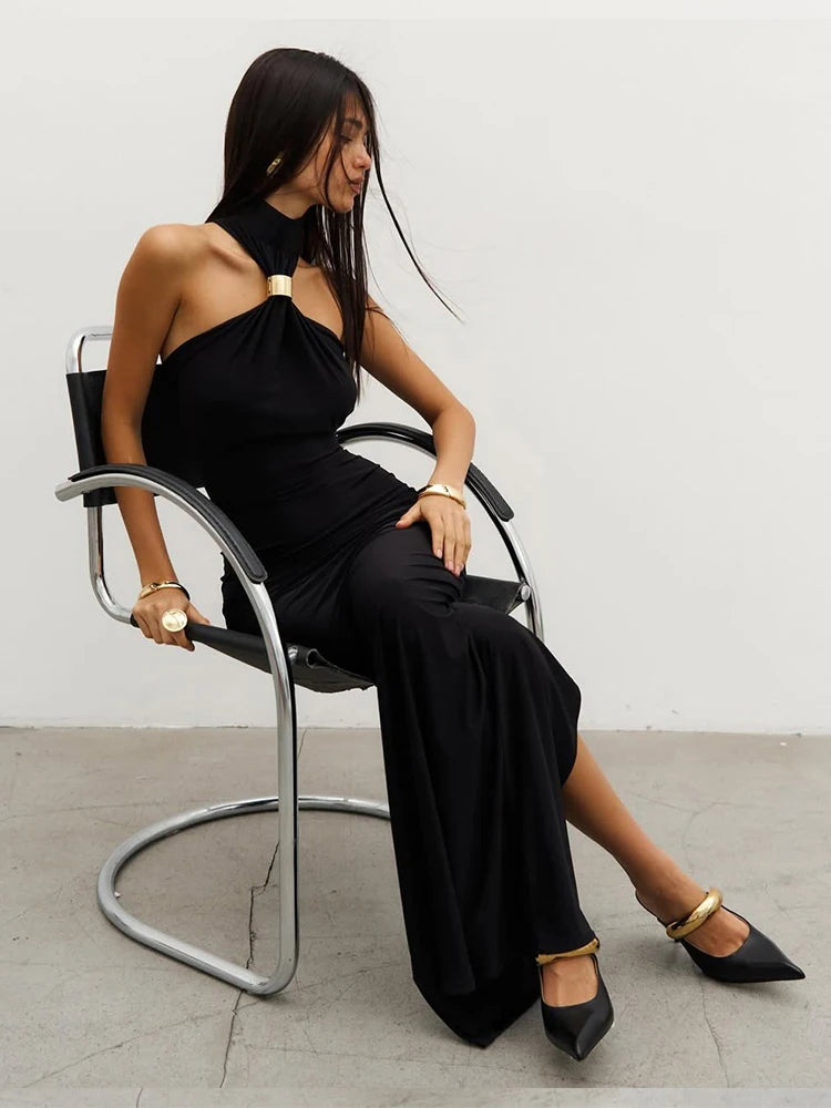 Metal Knots Dress Women Elegant Summer Trend Halter Solid Folds Backless Sleeveless Sexy Slim Banquet Party Bodycon