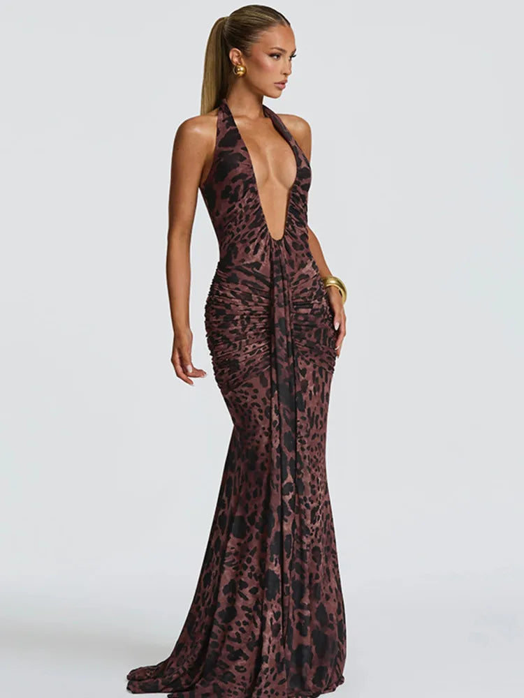 Leopard Print Backless Sexy Maxi Dress Women Gown Elegant Halter Deep V Neck Sleeveless Bodycon Draped Club Long Dress