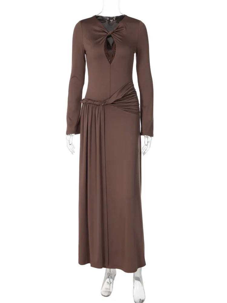 Women Maxi Dress Long Sleeve Twisted Neck Cutout Lace Detail Waist Ruched Sash Bodycon Formal Evening Party Long Dress