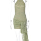 Lace Halter Backless Sexy Mini Dress Women Green Off-shoulder Sleeveless Draped Ruched Skinny Club Party Dresses