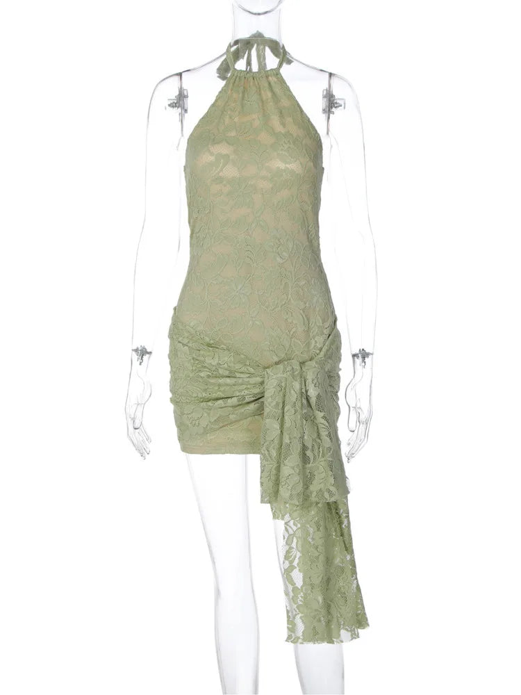 Lace Halter Backless Sexy Mini Dress Women Green Off-shoulder Sleeveless Draped Ruched Skinny Club Party Dresses