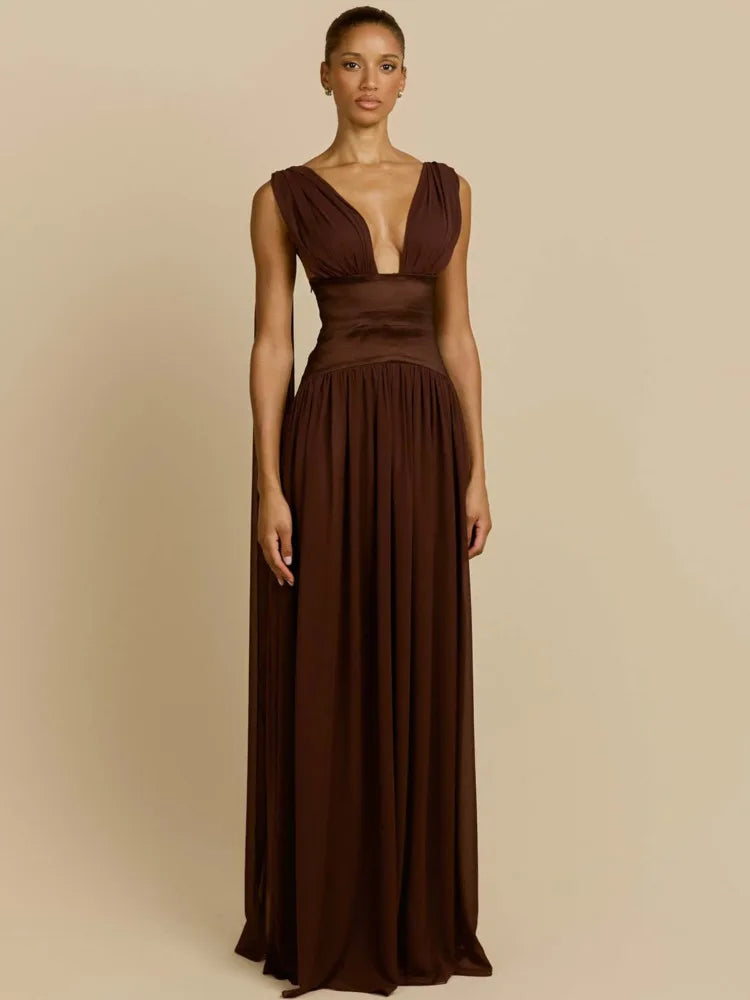 Deep V Neck Backless Sexy Maxi Dress Women Elegant Sleeveless Backless Bodycon Pleated Club Party Long Dress Female