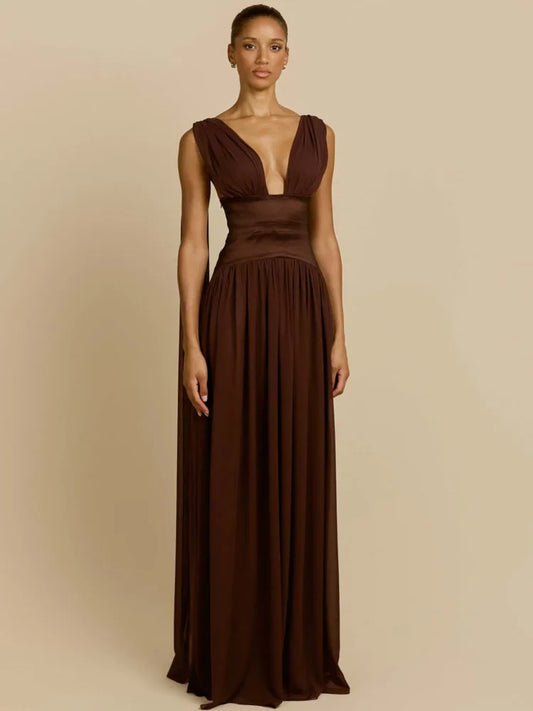 Deep V Neck Backless Sexy Maxi Dress Women Elegant Sleeveless Backless Bodycon Pleated Club Party Long Dress Female