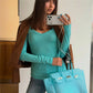 Women Solid Color V Neck Long Sleeve Top Soft Modal Stretchy Slim Fitted Basic Tee Casual Daily Streetwear Blouse