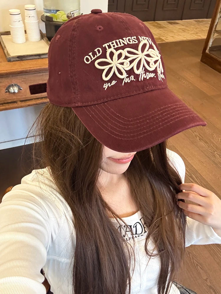 Vintage Washed Cotton Baseball Cap with Cute Flower Embroidery