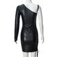 Y2K Gothic One Shoulder Single Sleeve Faux Leather Dress Side Lace Up Cutout Ruched Bodycon Mini Dress Party Clubwear
