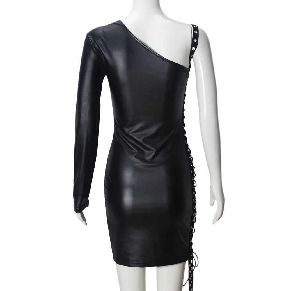 Y2K Gothic One Shoulder Single Sleeve Faux Leather Dress Side Lace Up Cutout Ruched Bodycon Mini Dress Party Clubwear