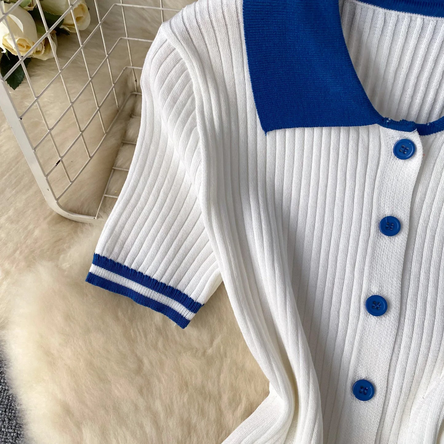 Contrast Patchwork 2 Piece Set Women Polo-Neck Single-Breasted Tops+Ruched Ruffles Skirts Young Style Street Outfits