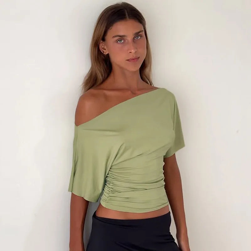 Asymmetrical One Shoulder Short Sleeve Shirts Woman Solid Color Casual Tops Summer Clothes for Woman 2025