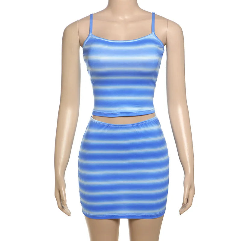Blue Striped Two Piece Set Cami Top and Mini Skirts Matching Outfits Sexy Summer Woman Set