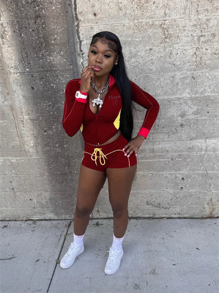 Sporty Tracksuit 2-Piece Set Women Patchwork Zip Letter Print Jackets+Drawstring Shorts Matching Simple Casual Outfit