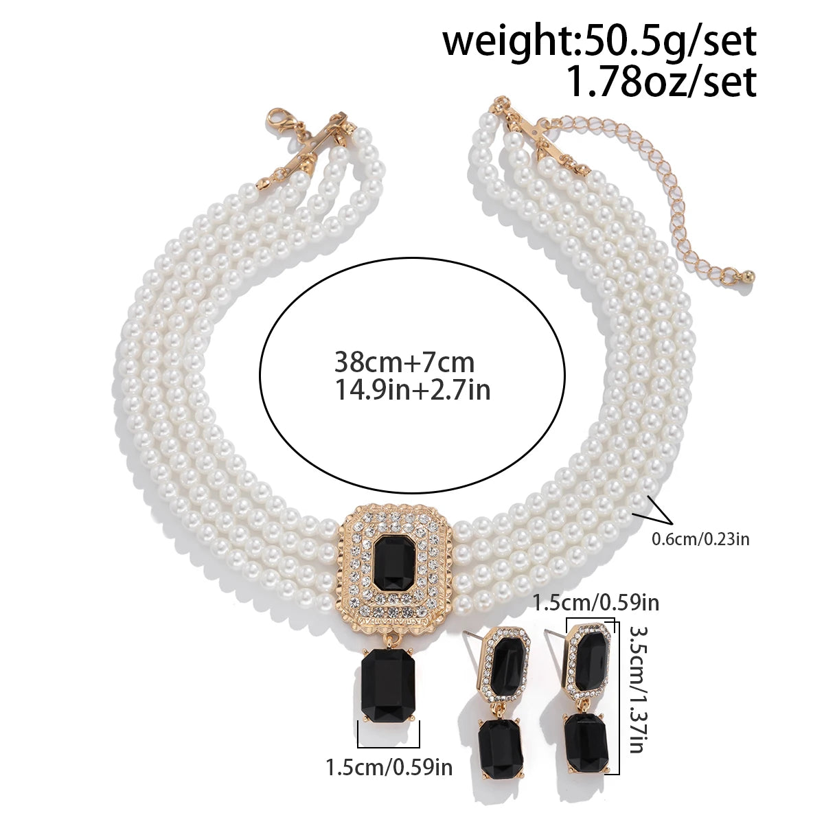 Luxury Multilayer Imitation Pearl Chain Necklace Rhinestone Pendant Stud Earrings for Women Elegant Wed Jewelry Set New