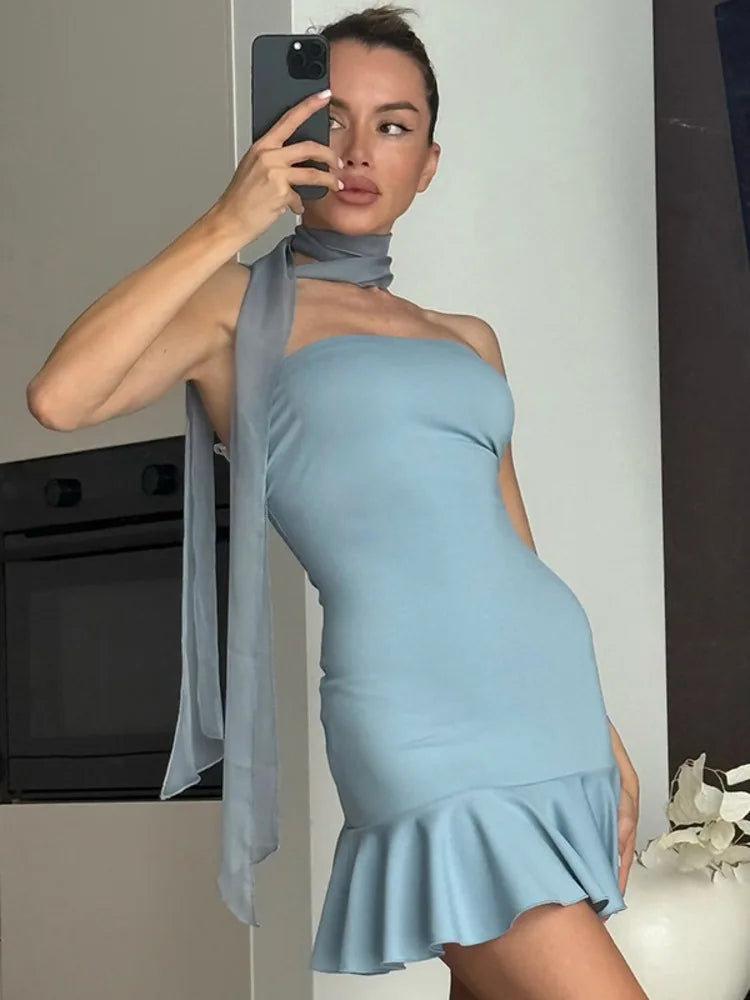 Halter Off-shoulder Strapless Sexy Mini Dress Women Fashion Scarf Collar Backless Sleeveless Ruffle Club Party Dresses
