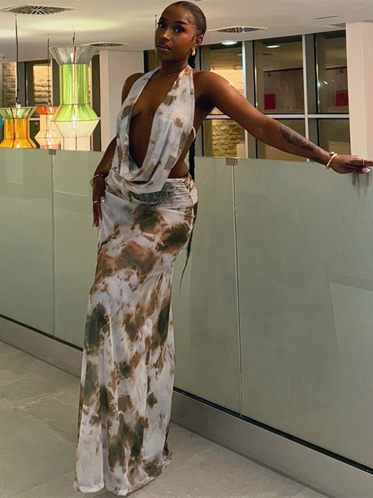 Backless Print Halter 2Peice Set Woman Summer Swinging-Collar Bandage Tank+Mesh Ruffles Tie-Dye Skirt Matching Suit