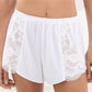 Women Sexy Lace Trim Sleep Shorts Elastic Waist Satin Pajama Shorts with Floral Lace Panel for Daily Casual Loungewear