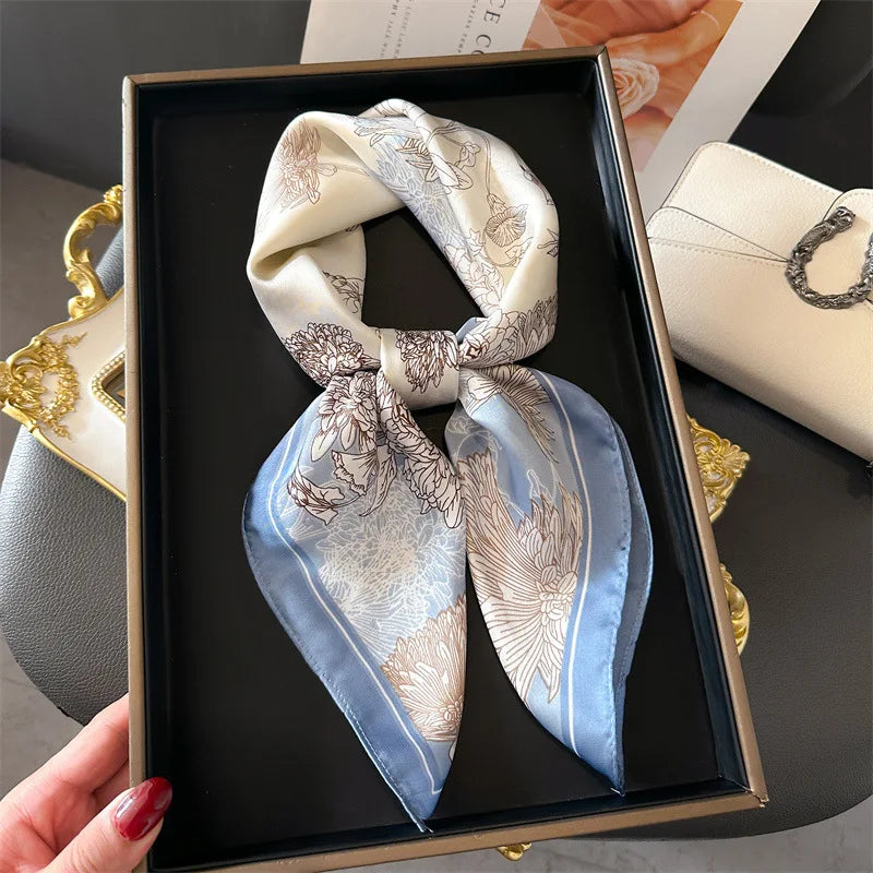Luxury Floral Print 70cm Square Silk Scarf Women Designer Scarves Bandana Foulard Shawl Hijab Echarpe Hairband Tie Ribbon