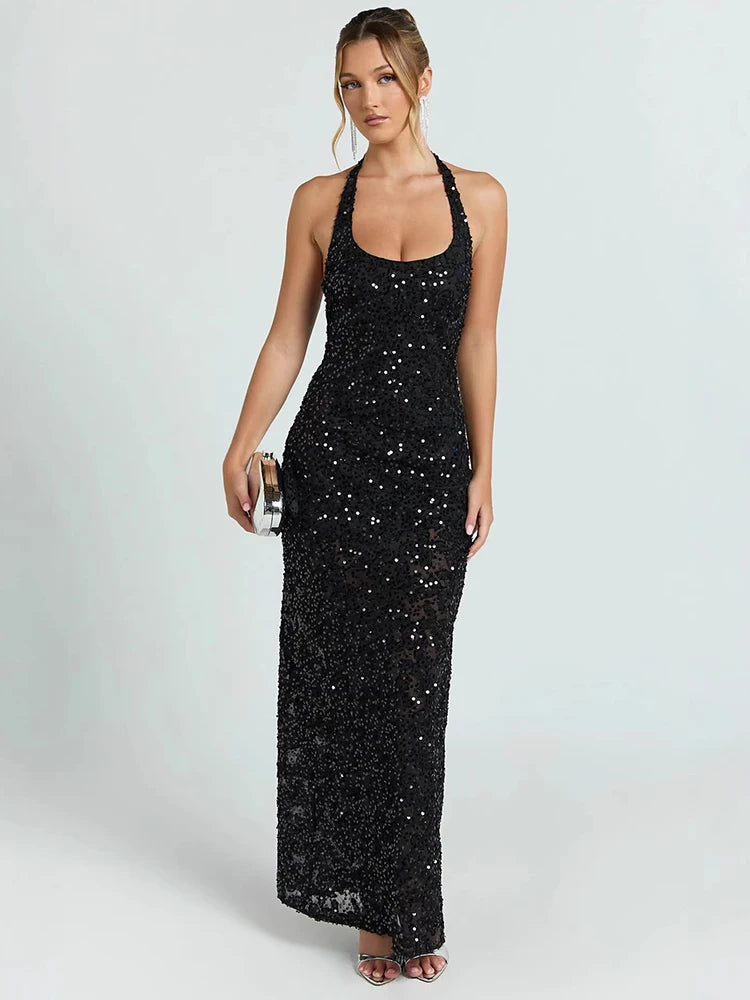 Women Halter Maxi Dress 3D Floral Sequin Mesh Mermaid Bodycon Long Dress Elegant Wedding Guest Bridesmaid Evening Gown
