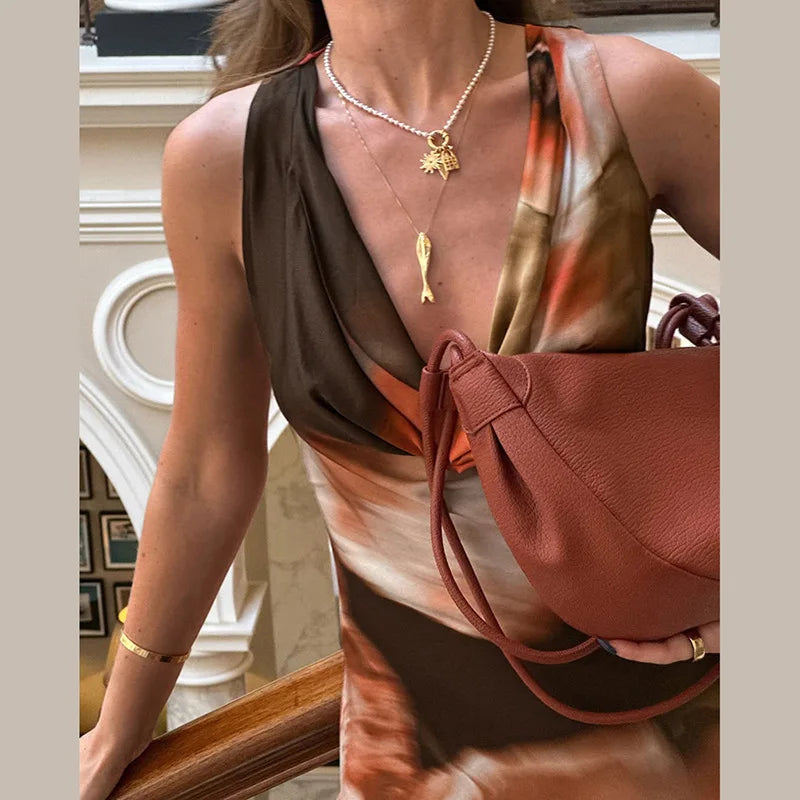 Cowl Neck Sleeveless Long Dresses Elegant Vintage Printed Summer Dress Woman