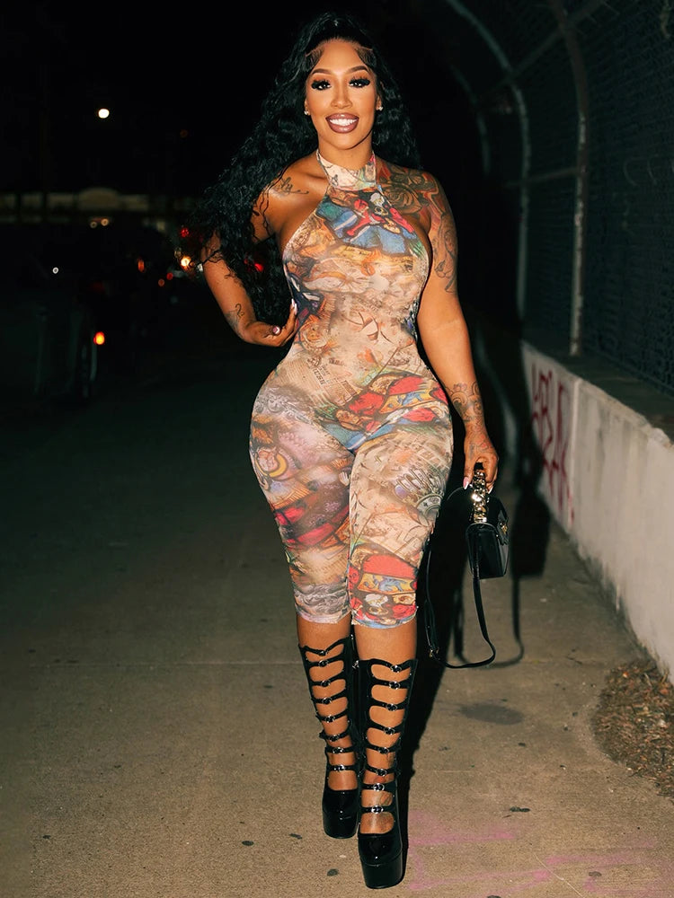 Aesthetics Print Jumpsuits Women Halter Sexy Backless Skinny Peach Buttocks Midnight Club Party Wild Styel Overalls