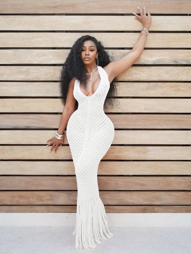 Crochet Elegant Dress Women Halter Low-Neck Backless Splits Ruched Tassel Vacation Fashion Beach Party Long Bodycon