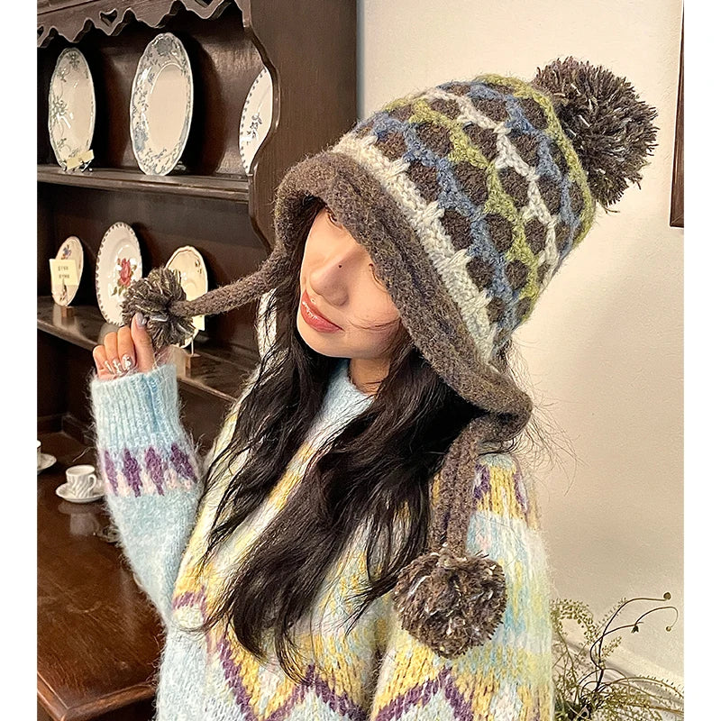 Casual Warm Striped Colorful Pom Pom Beanie For Women