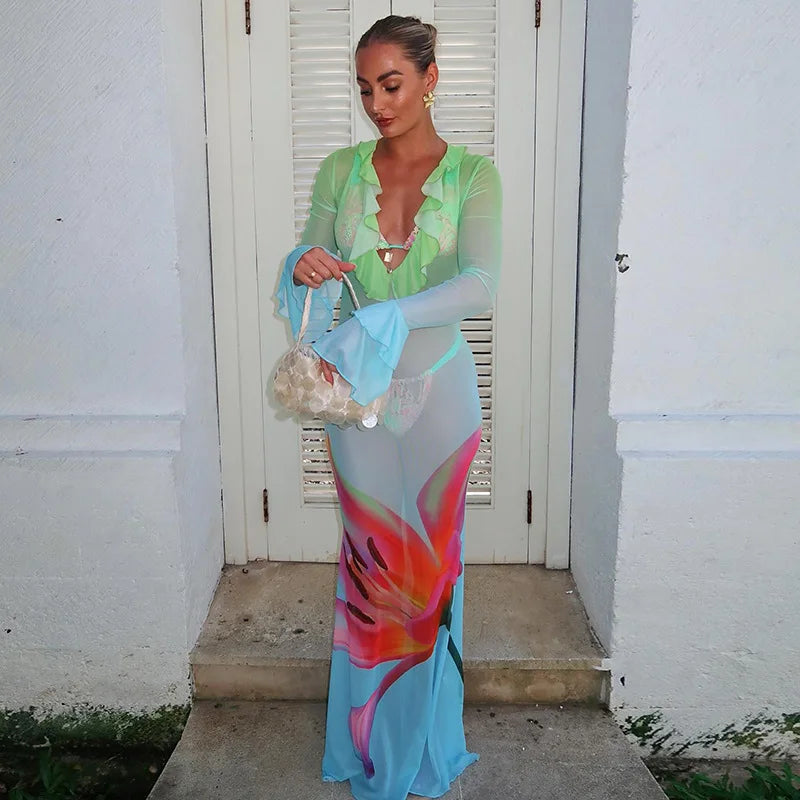 See Through Floral Gradient Mesh Dress Sexy Beach Vacation Outfits Ruffled Flare Sleeve Long Flowy Dresses
