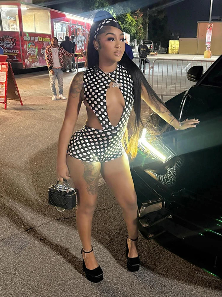 Polka Dot Sexy 2 Piece Set Women Side Split Sleeveless Bandage Bodysuit+Shorts Matching Hipster Party Clubwear Suits