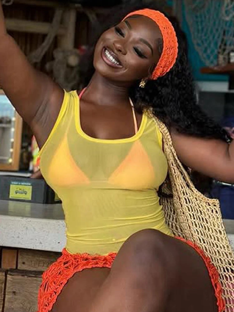 Sexy See Through Tank Tops Women New Trend Square Collar Navel Exposed Summer Holiday Beach Style Skinny Crop Tops