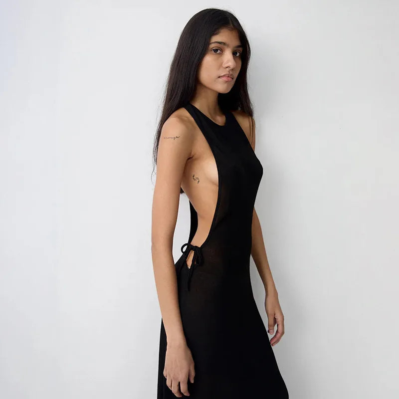 Backless Side Slit Thin Dress Women Halter Waistless Lace-Up Summer Sexy Beach Vacation Hottie Stretch Slim Clubwear