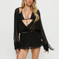 Sexy Women Beach Mini Dress Long Sleeve V Neck Loose Solid Mesh Sheer See Through Dress Summer Vacation Party Cover Ups