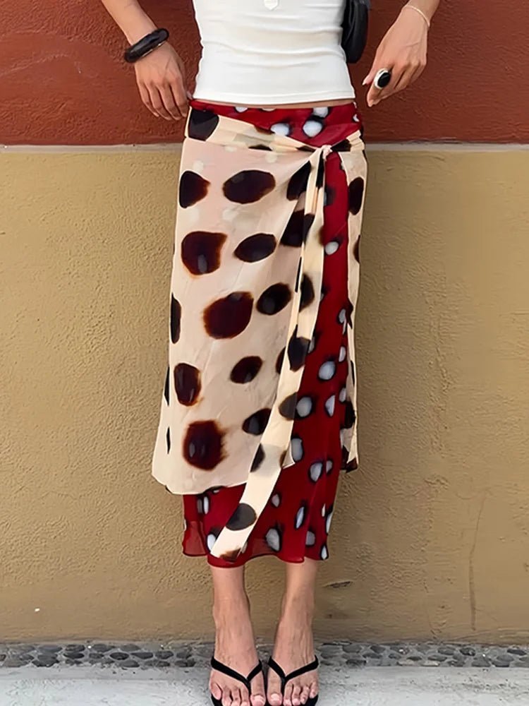 Dots Mesh Patchwork Long Skirts Woman Summer Trend Elastic Waist Wrap Hip High Street Ruched Elegant Style Bottoms