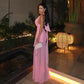Pink Mesh Maxi Dresses for Woman Sexy Birthday Outfit Elegant Halter Backless Pleated Dress for Wedding Guest