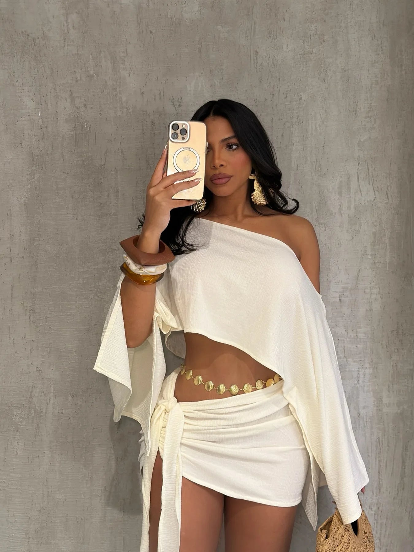 Sexy 2 Piece Set Women Skew Collar Loose Crop Tops+Ruched Knot Ribbon Skirt Matching Beach Vacation Party Club Suit