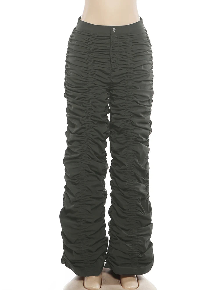 Casual Fashion Long Pants Woman Button Low-Waist Folds Design Hot Girls High Street Versatile Style Classic Buttoms